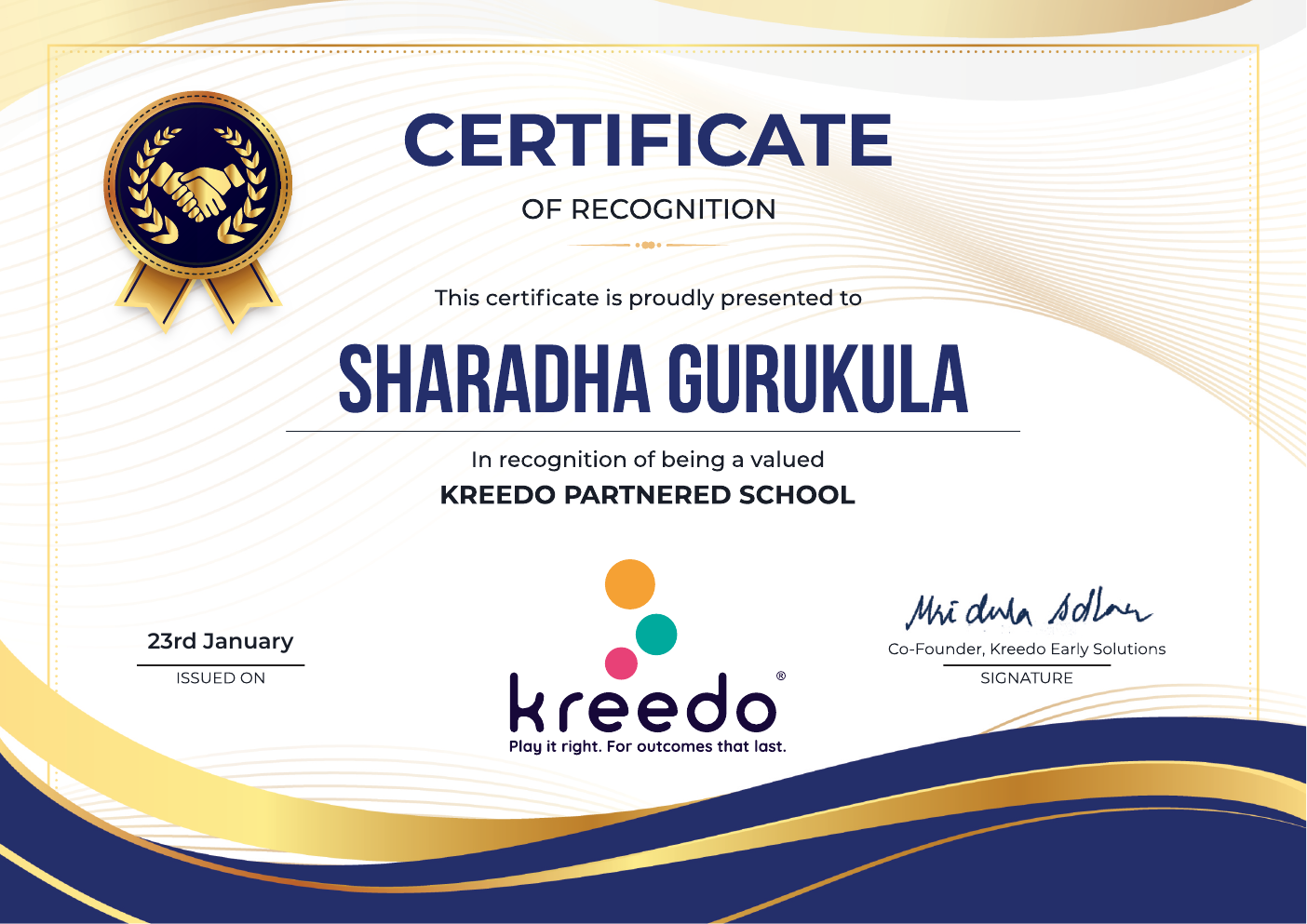Certificate of Recognition presented to Sharada Gurukula as a Kreedo Partnered School